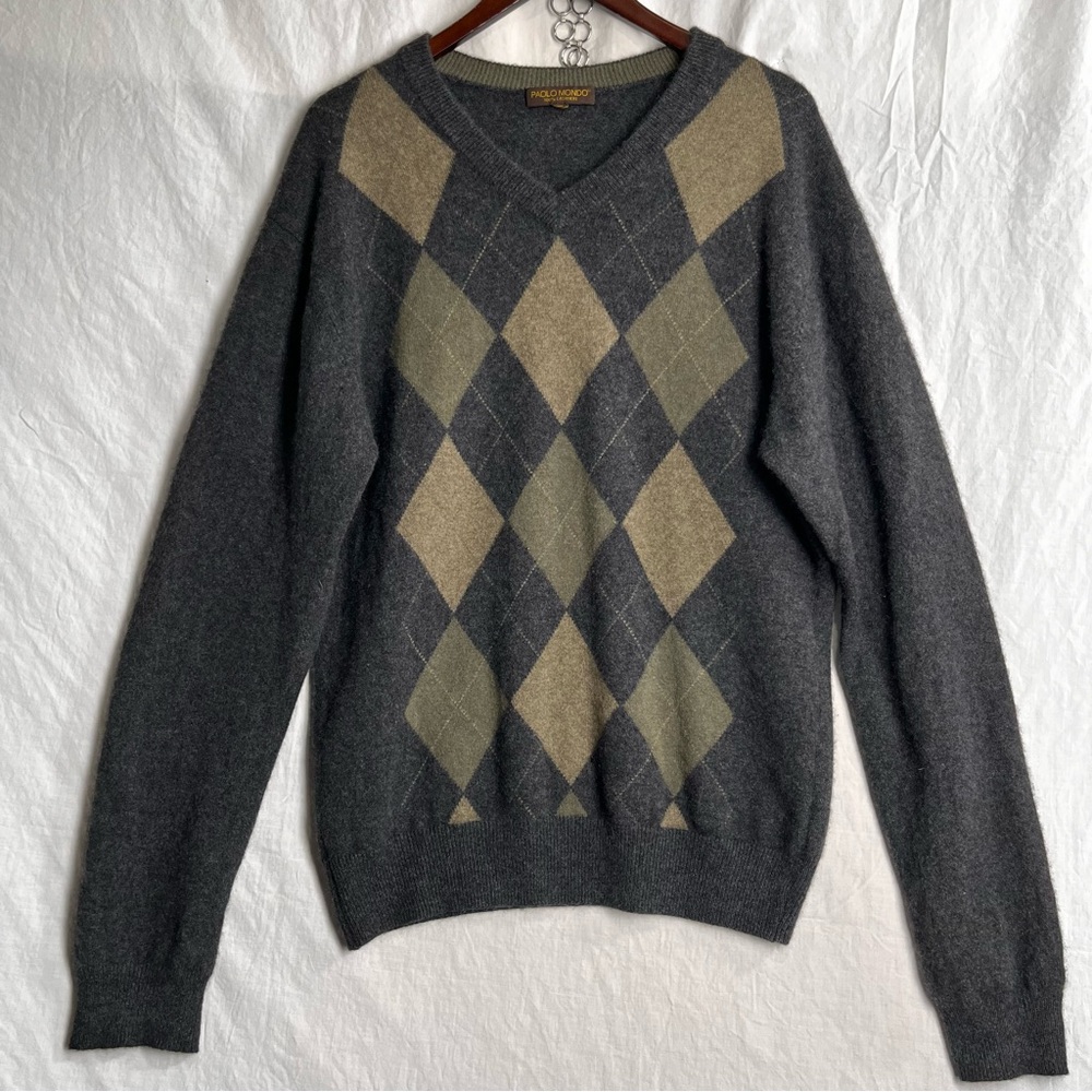 Paolo Mondo Argyle 100 Cashmere Sweater Mens Large V Neck Pullover Soft HOLES